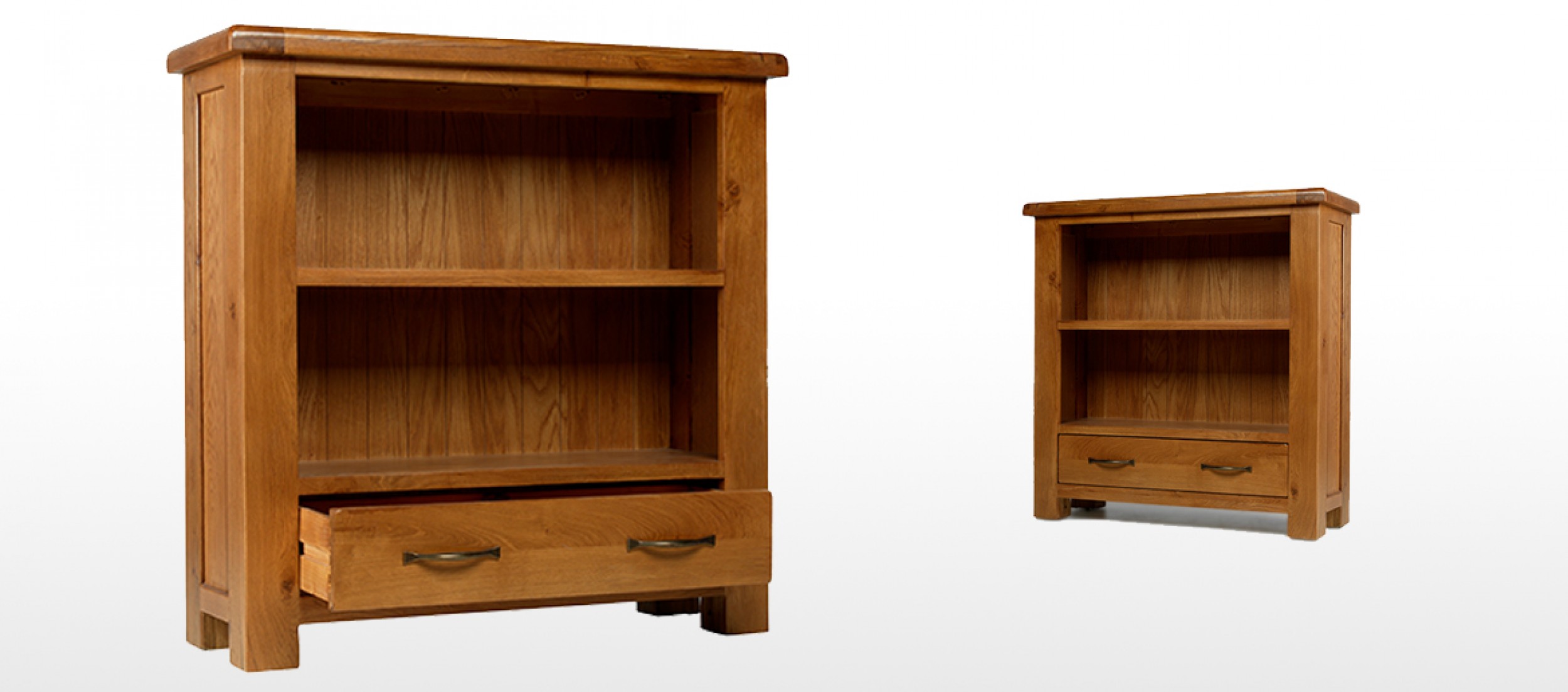 Barham Oak Low Bookcase with Drawer | Quercus Living
